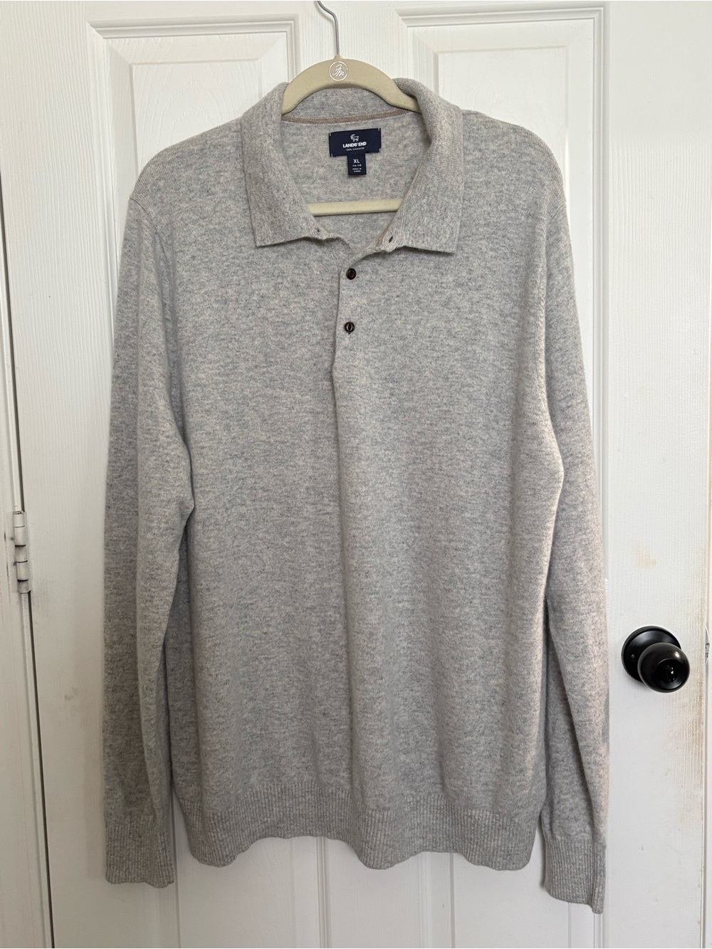 Men’s 100% Cashmere Lands' End Light Heather Gray Cashmere Polo Sweater
